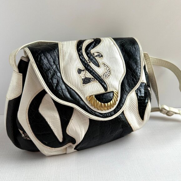 1980s Sharif Black and White Leather Crossbody - Picture 1 of 13